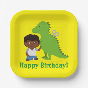 Assiettes En Carton Parti des dinosaures d'enfants (afro-américain)