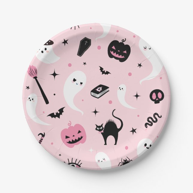 Assiettes En Carton Parti d'Halloween rose (Devant)