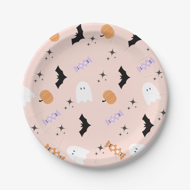 Assiettes En Carton Parti d'Halloween rose moderne (Devant)