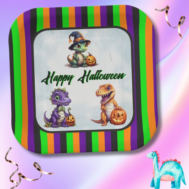 Assiettes En Carton Parti Dino-Mash d'Halloween (Halloween Dinosaur Stripe Happy Halloween Square Paper Plates for Party)