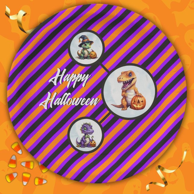Assiettes En Carton Parti Dino-Mash d'Halloween (Halloween Dinosaur Circle Paper Plates in Orange and Purple)