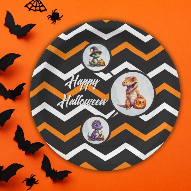 Assiettes En Carton Parti Dino-Mash d'Halloween (Halloween Dinosaur Circle Paper Plates in Orange and White Chevron Pattern)