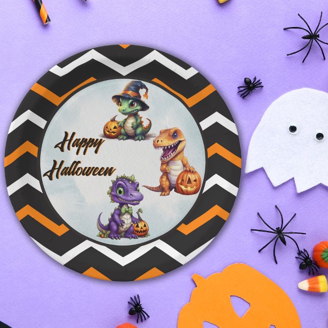 Assiettes En Carton Parti Dino-Mash d'Halloween (Orange, Black and White Dinosaur themed Halloween party plates.)