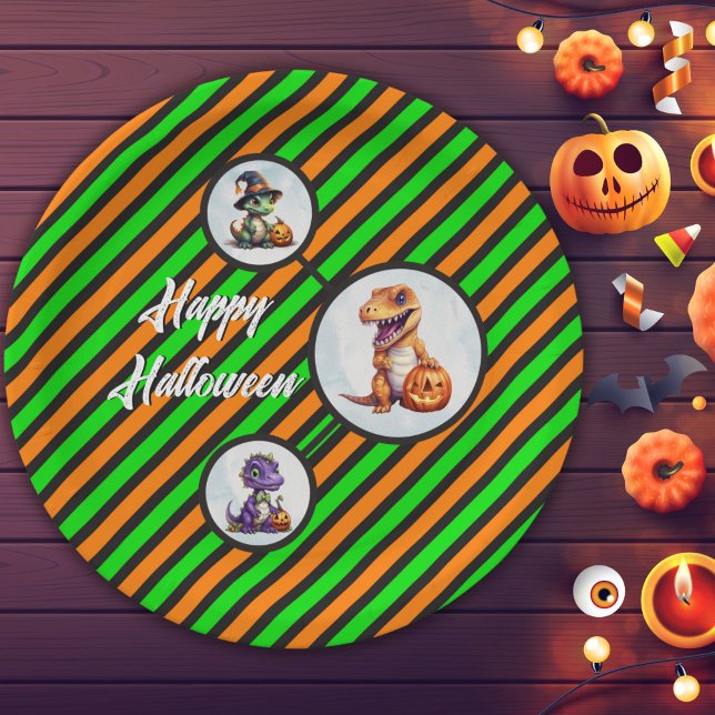 Assiettes En Carton Parti Dino-Mash d'Halloween (Halloween Dinosaur Circle Paper Plates in Orange and Green)