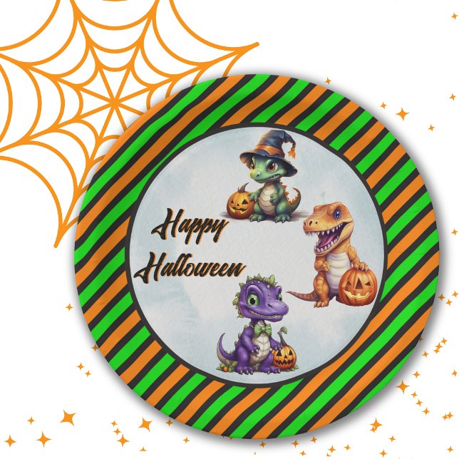 Assiettes En Carton Parti Dino-Mash d'Halloween (Green and Orange circular paper plates for Dinosaur Halloween party.)