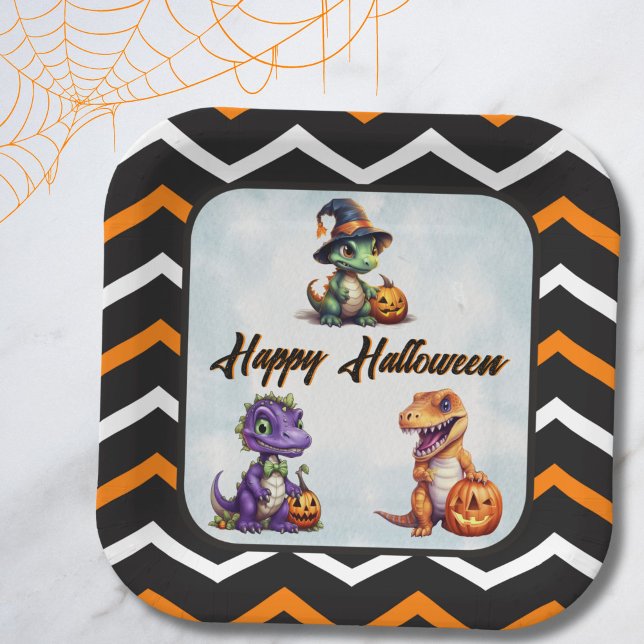 Assiettes En Carton Parti Dino-Mash d'Halloween (Orange White Black Stripe Dino Halloween Plate)