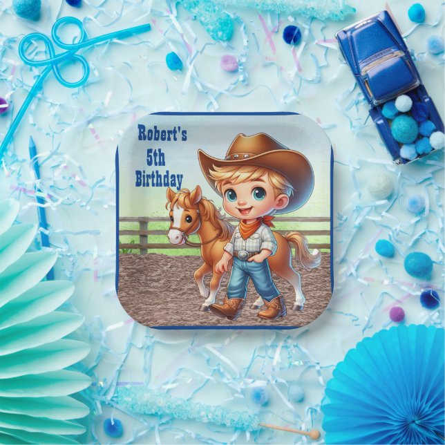 Assiettes En Carton Parti Ouest Petit Cowboy Avec Cheval Personnalisé (Fête)