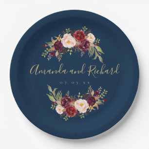 Assiettes En Carton Partie de fiançailles florale d'or de bleu marine