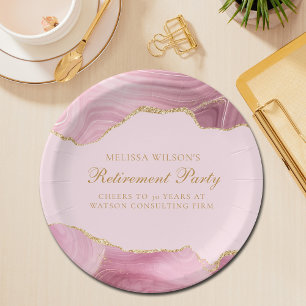 Assiettes En Carton Partie de retraite chic Pink Gold Agate personnali