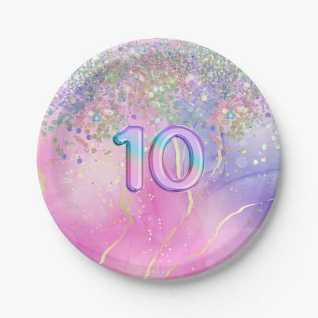 Assiettes En Carton Parties scintillant arc-en-ciel 10e anniversaire (Devant)