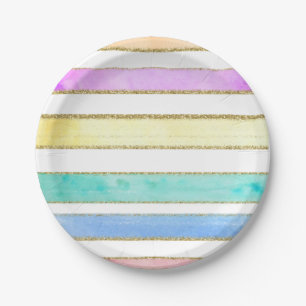 Assiettes En Carton Parties scintillant arc-en-ciel aquarelle rayures
