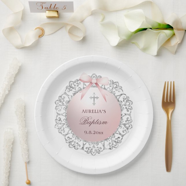 Assiettes En Carton Parties scintillant Argent Cadre rose Bow Baptême (Mariage)