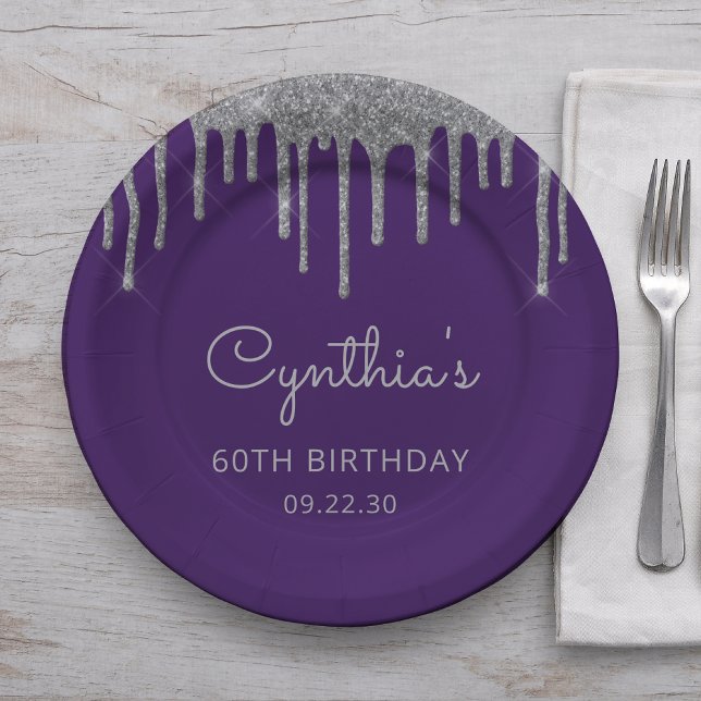 Assiettes En Carton Parties scintillant argent goutte pourpre 60e fête (Créateur téléchargé)