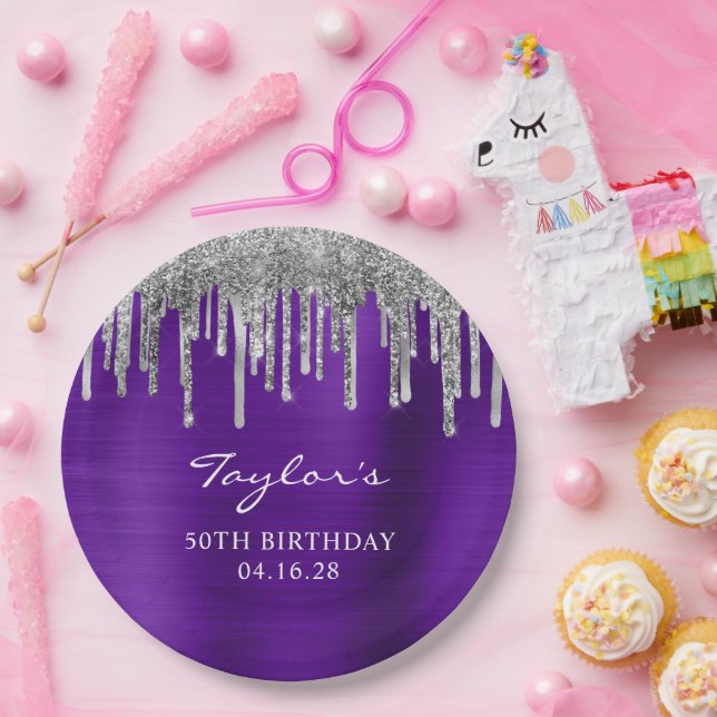 Assiettes En Carton Parties scintillant argent gouttes violet violet 5 (Fête)