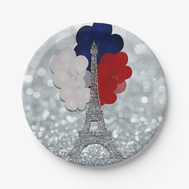 Assiettes En Carton Parties scintillant Argent Tour Eiffel Rouge Blanc (Devant)