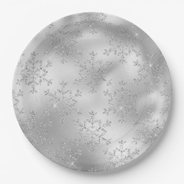Assiettes En Carton Parties scintillant argentée Glitzy Snowflakes (Devant)