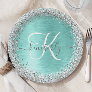 Assiettes En Carton Parties scintillant argentée turquoise en métal br