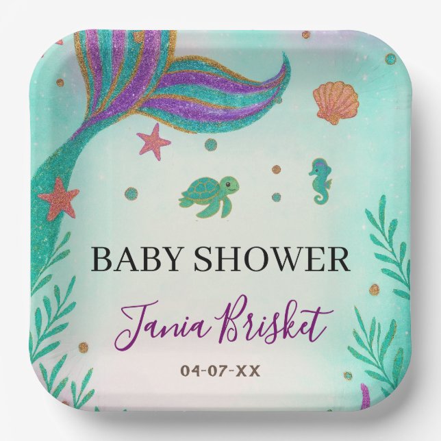 Assiettes En Carton Parties scintillant Baby shower sirène Turquoise (Recto)