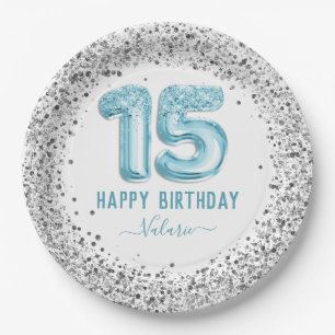 Assiettes En Carton Parties scintillant Bleu clair Joyeux 15e annivers