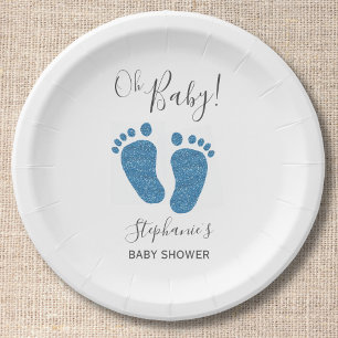 Assiettes En Carton Parties scintillant bleue Baby shower pieds bébé
