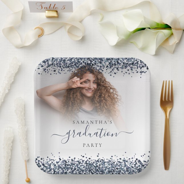 Assiettes En Carton Parties scintillant Bleue Marine Nom photo Graduat (Mariage)