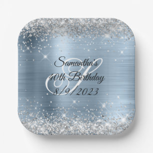 Assiettes En Carton Parties scintillant d'argent bleu clair huile 40e 