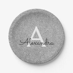 Assiettes En Carton Parties scintillant d'argent et Monogramme étincel
