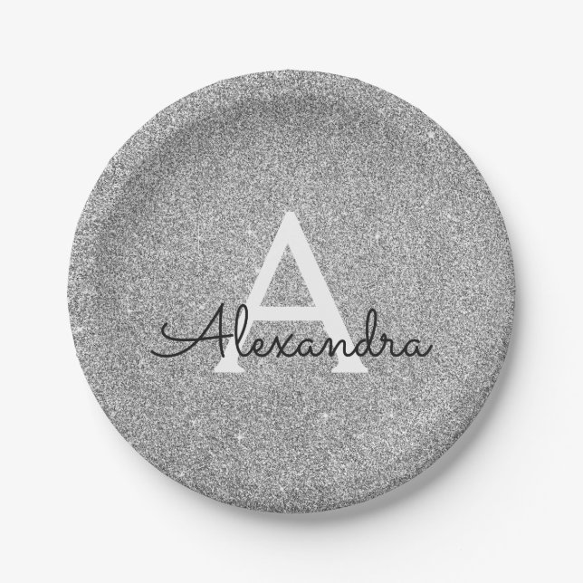 Assiettes En Carton Parties scintillant d'argent et Monogramme étincel (Devant)