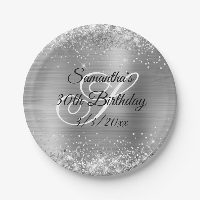 Assiettes En Carton Parties scintillant d'argent mousseux et Foil 30e  (Devant)
