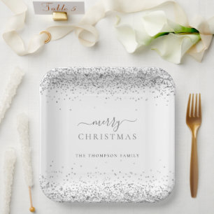 Assiettes En Carton Parties scintillant d'argent Nom blanc Joyeux Noël