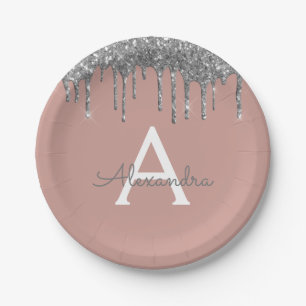 Assiettes En Carton Parties scintillant d'argent rose pâle Monogramme 