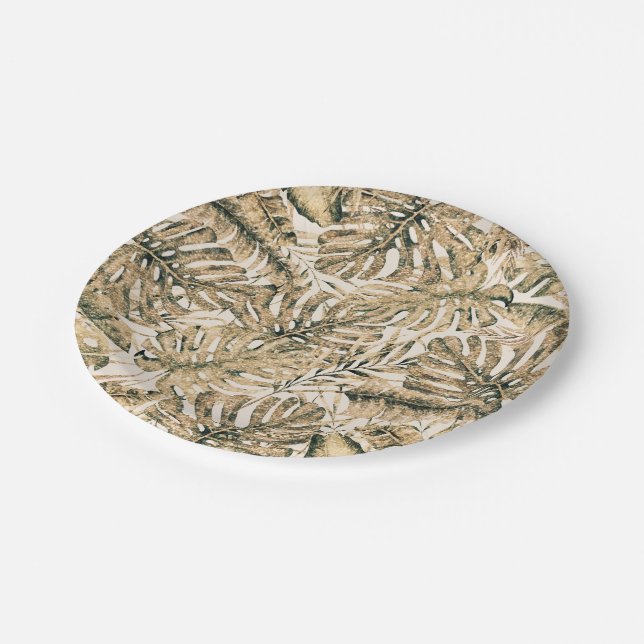 Assiettes En Carton Parties scintillant de bronze or Palm Tropical Feu (Angle)