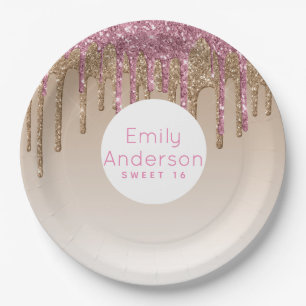 Assiettes En Carton Parties scintillant de goutte Sweet16 Rose Gold Ro