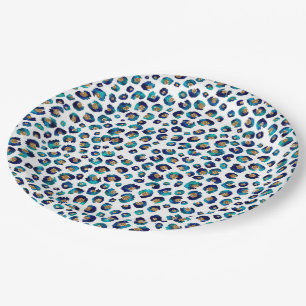 Assiettes En Carton Parties scintillant d'or bleu Motif Leopard