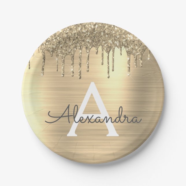 Assiettes En Carton Parties scintillant d'or brossé Nom du monogramme  (Devant)