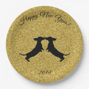 Assiettes En Carton Parties scintillant d'or Dachshund Joyeuses Plaque