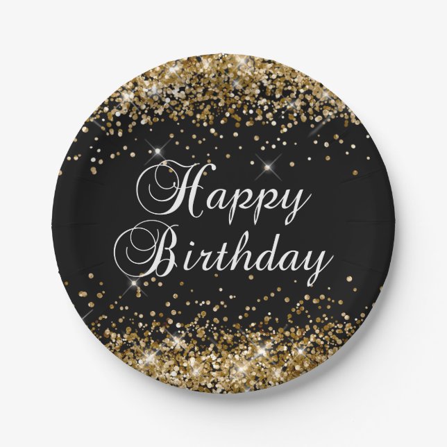 Assiettes En Carton Parties scintillant d'or Noir Joyeux anniversaire (Devant)