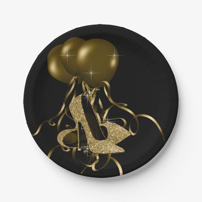 Assiettes En Carton Parties scintillant d'or noir talon haute chaussur (Devant)