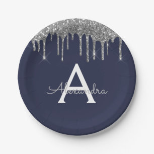 Assiettes En Carton Parties scintillant en argent bleu marine Monogram