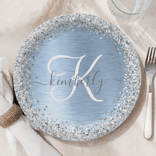 Assiettes En Carton Parties scintillant en argent brossé bleu Nom du m