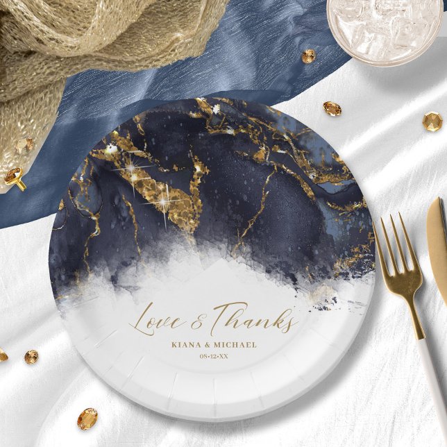 Assiettes En Carton Parties scintillant en marbre Mariage Marine Blue  (Créateur téléchargé)
