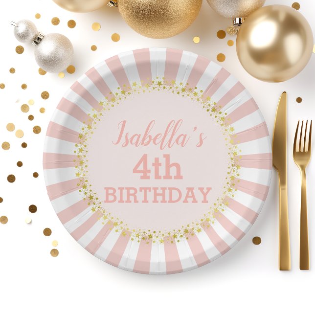 Assiettes En Carton Parties scintillant en or rayé rose blanc Confetti (Créateur téléchargé)