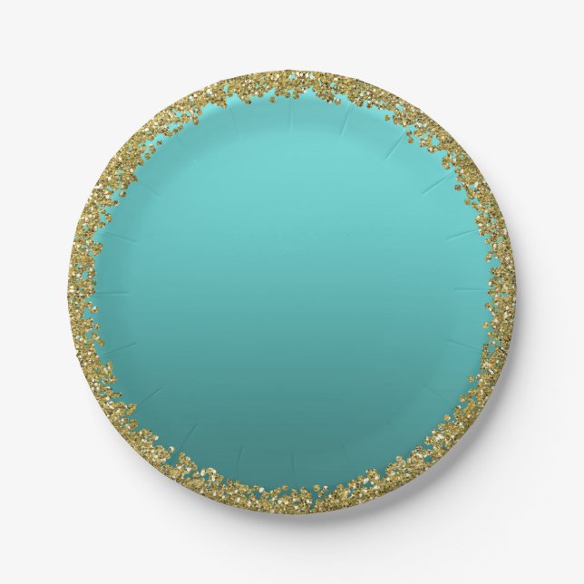 Assiettes En Carton Parties scintillant en or trempé Turquoise Aqua Gl (Devant)