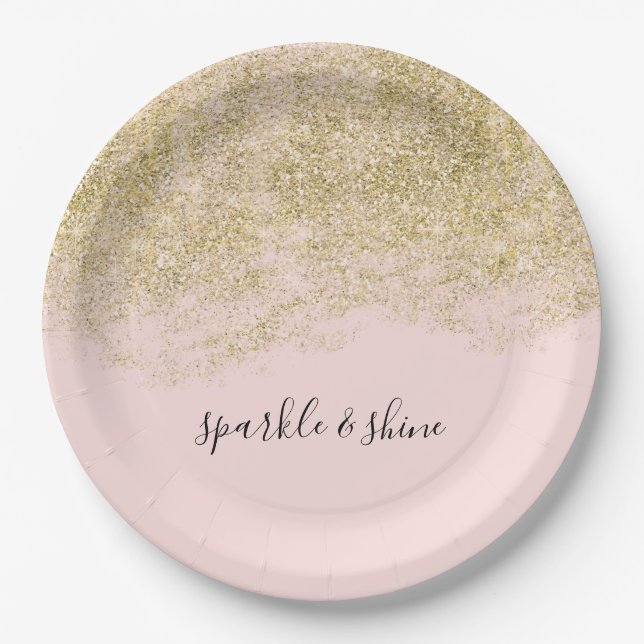 Assiettes En Carton Parties scintillant Gold Faux rose pâle étincelle (Devant)