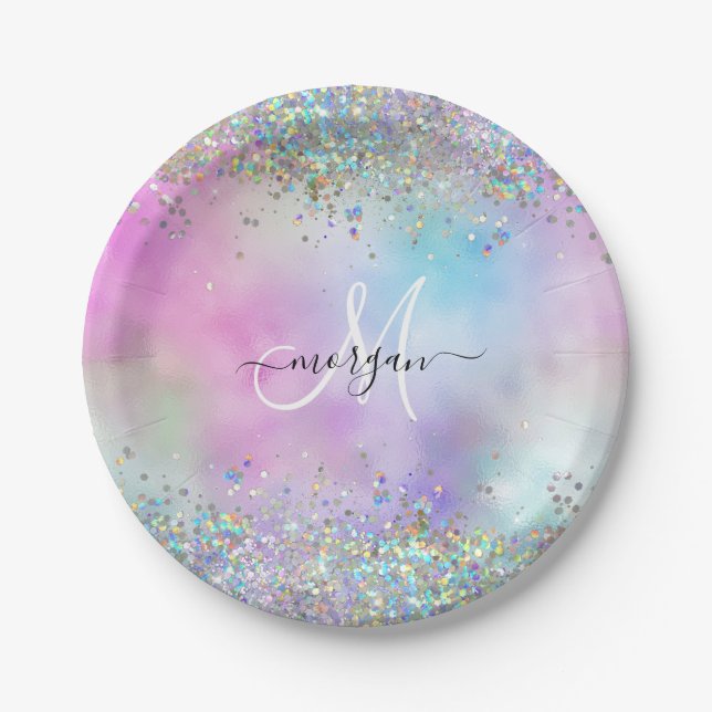 Assiettes En Carton Parties scintillant holographique Rainbow Pastels  (Devant)