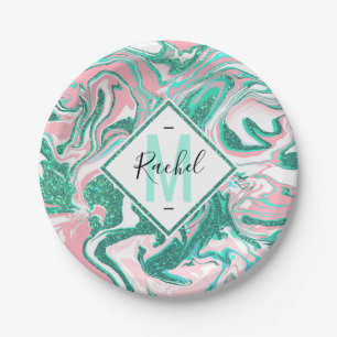 Assiettes En Carton Parties scintillant moderne blanche rose Turquoise
