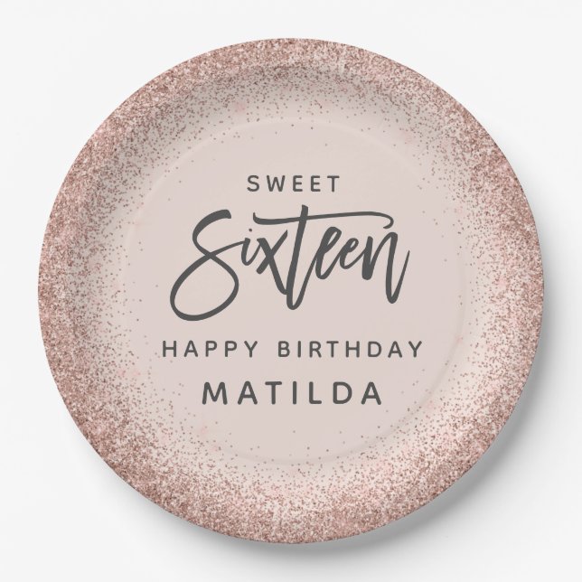 Assiettes En Carton Parties scintillant moderne rose girly 16ème anniv (Devant)