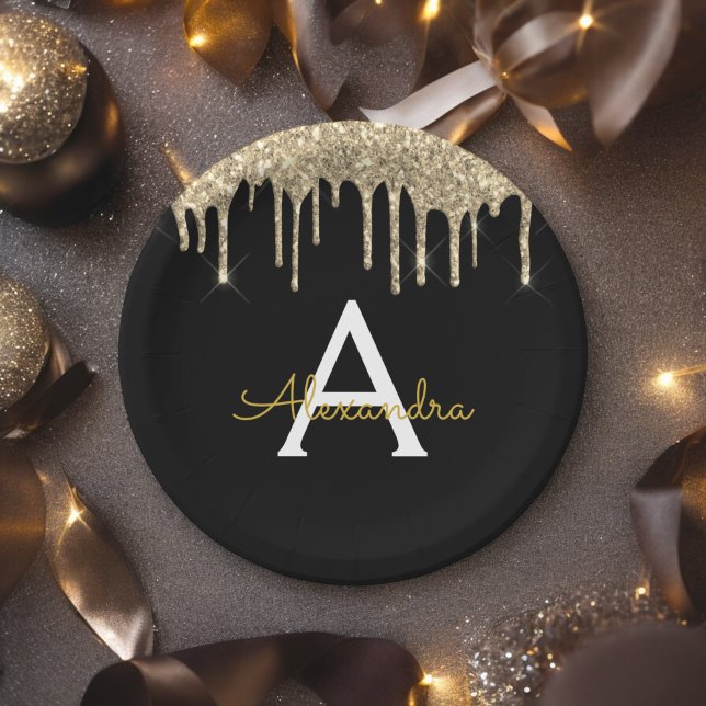 Assiettes En Carton Parties scintillant noir et or Monogramme Annivers (Créateur téléchargé)