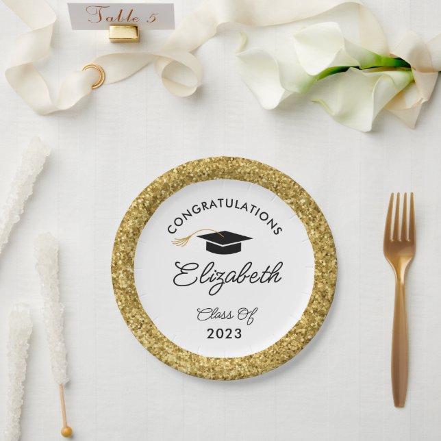 Assiettes En Carton Parties scintillant Noire et Or Personnalisée Part (Mariage)