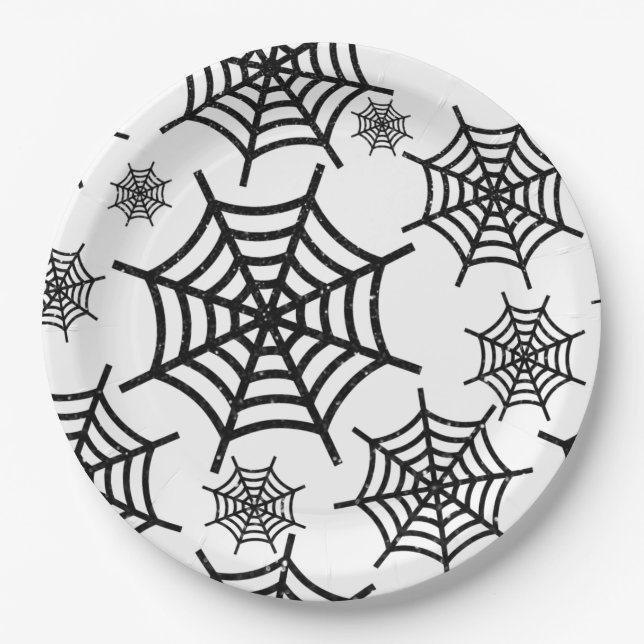 Assiettes En Carton Parties scintillant noire Spiderweb Halloween (Devant)
